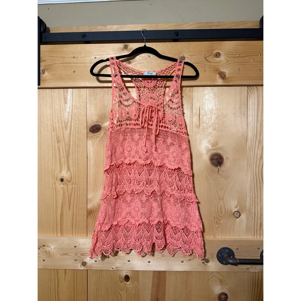 Lace Tiered Sleeveless Pink Crocheted Swimsuit Coverup Dress Size Est S/M